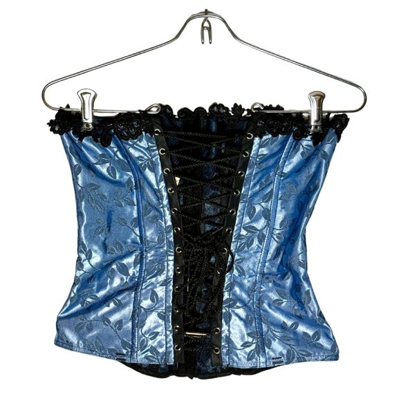 Empire Intimates Satin Blue Floral Lace Up Corset Bustier Sz 32 - Picture 4 of 11